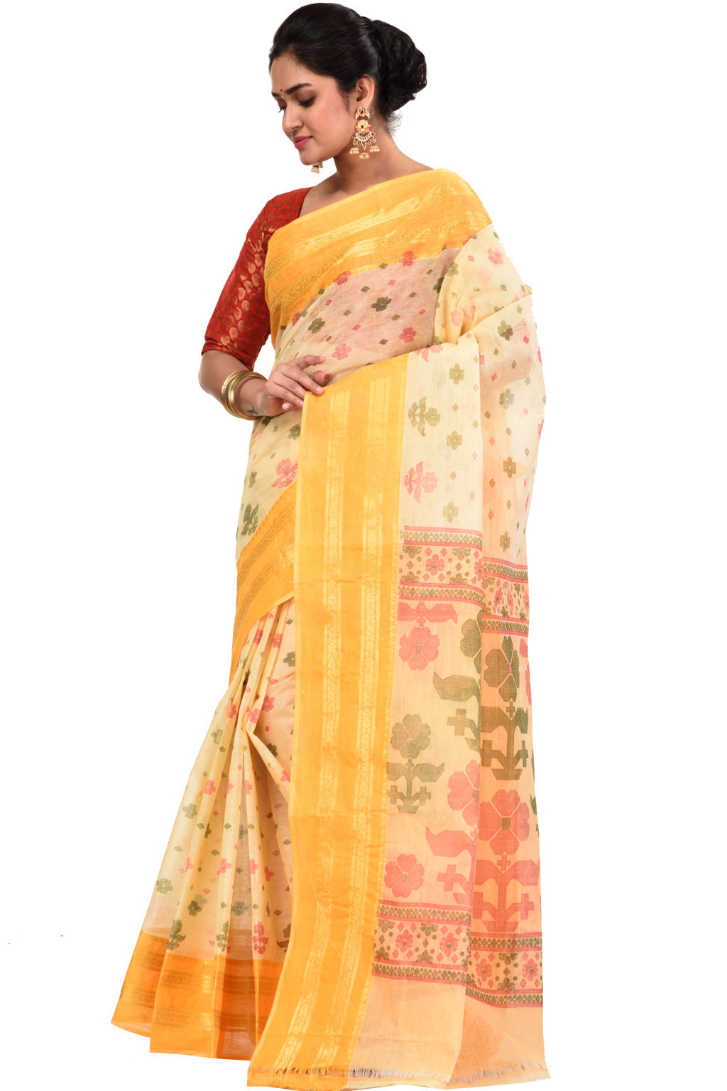 Yellow Pure Cotton FullBall Print Tant Saree Print (430)